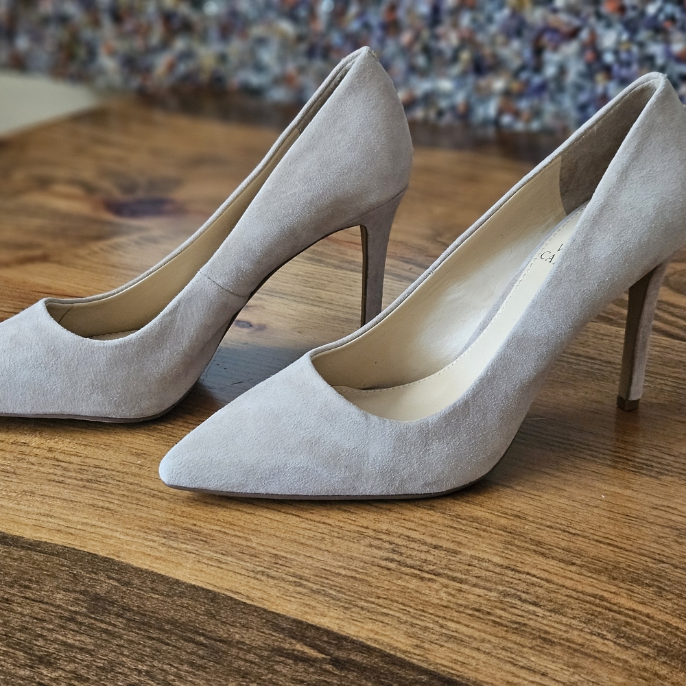 Vince Camuto Light Gray Taupe Suede Heels